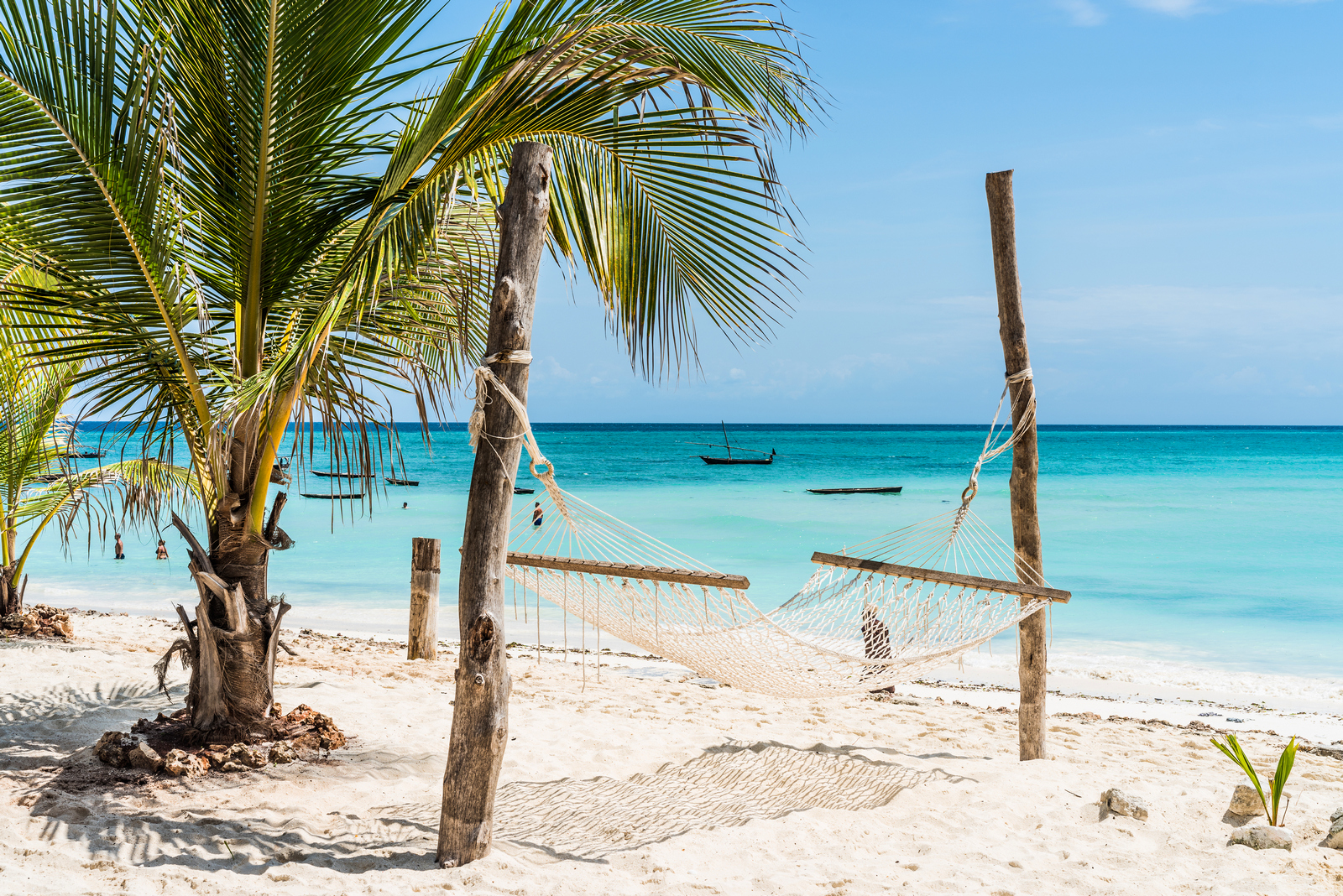 Beautiful,View,Of,Palm,And,Hammock,On,Zanzibar,Beach,With